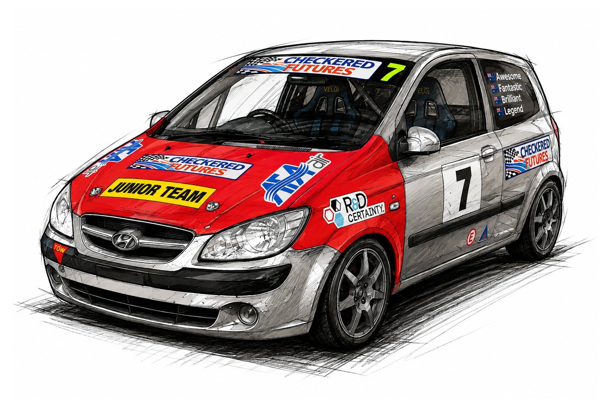 Illustration of the Checkered Futures number 7 Hyundai Getz race car, Junior Team lettering across the bonnet.
